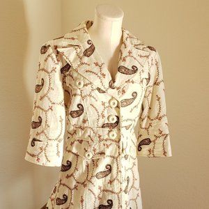 Young Essence Paisley on Cream Button Front Long Coat Dressy Jacket Size Medium